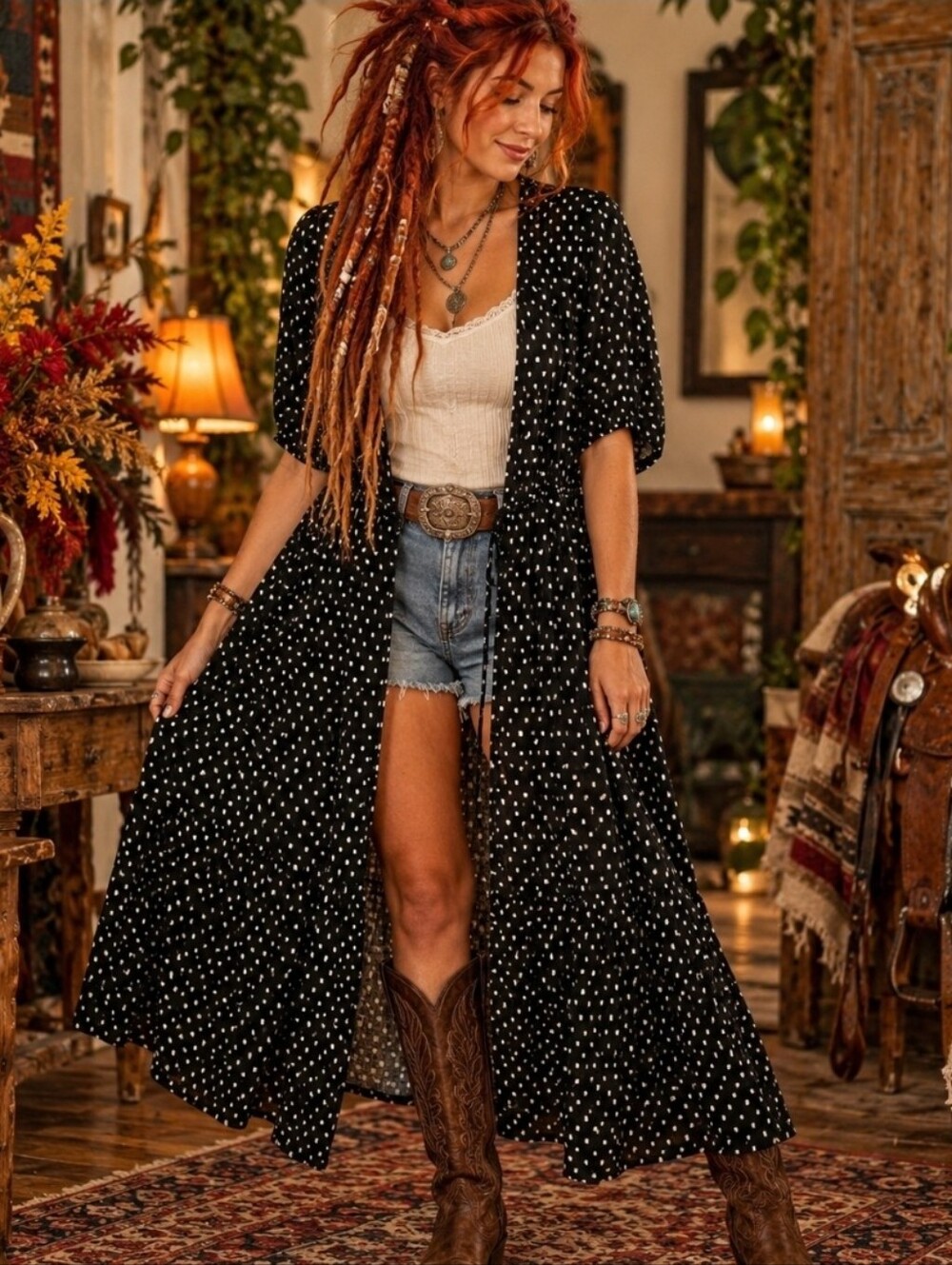 Knox Rose XL Black White Boho Kimono Duster Cardigan Western Boho Cottagecore